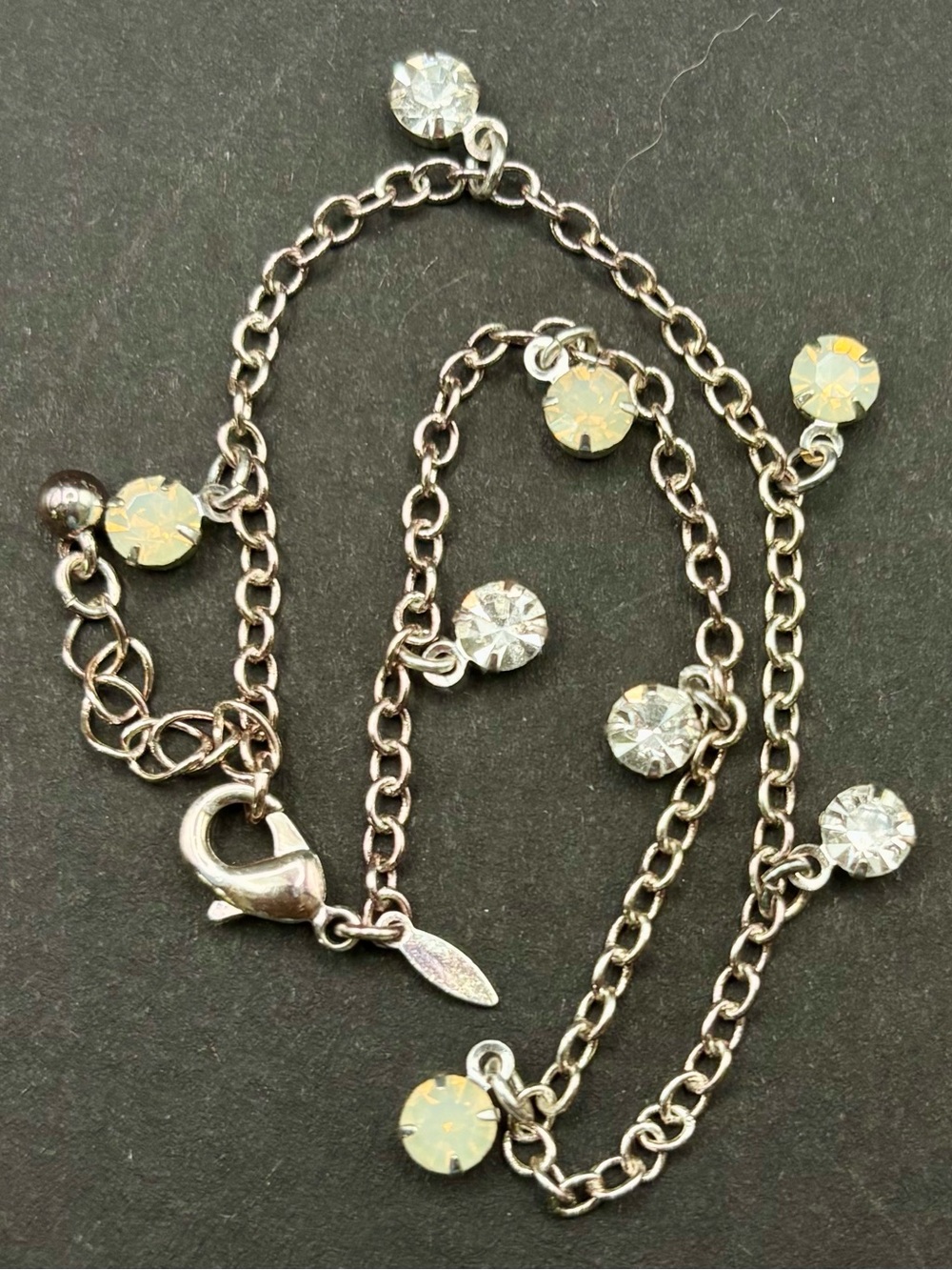 Vintage NRT Silver Tone Dangle Rhinestone Charm Anklet Opaline Crystal Drop